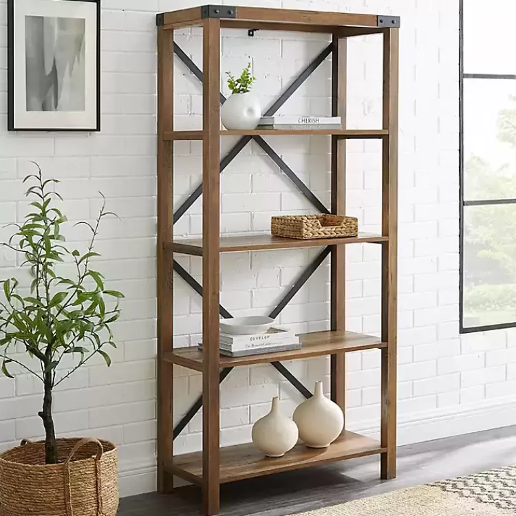 rustic_oak_metal_x_frame_back_bookshelf_3.webp Rustic Oak Metal X Frame Back Bookshelf>Kirklands Home Outlet