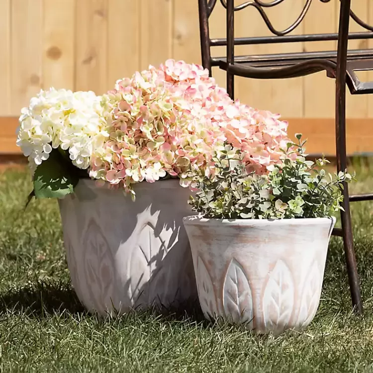 rustic_white_leaf_clay_planters_set_of__2.webp Rustic Leaf Clay Planters, Set of 3>Kirklands Home Cheap
