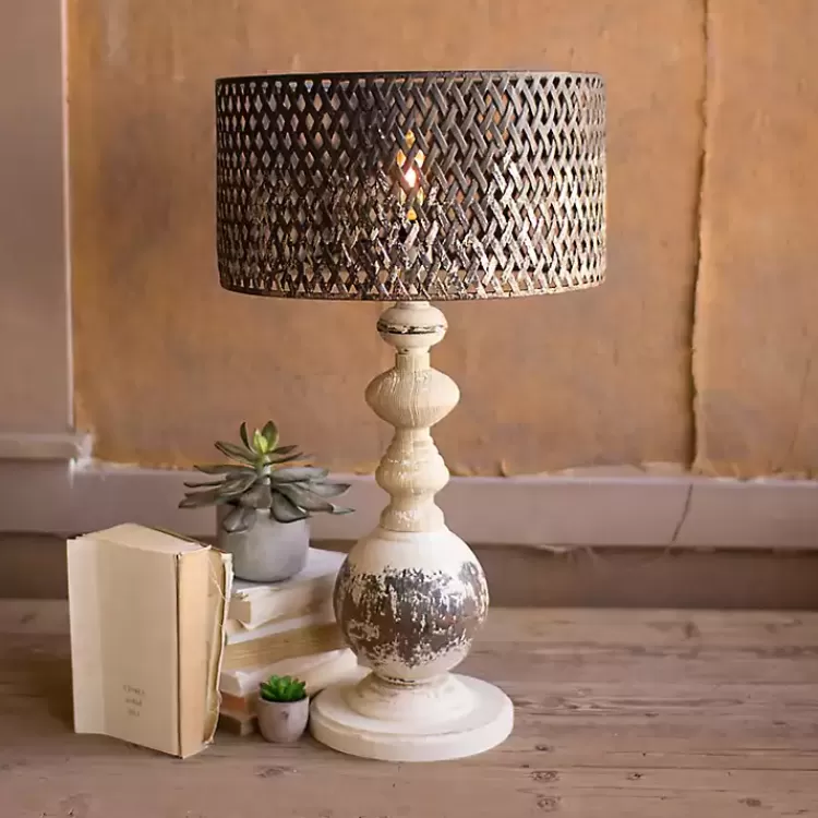 Rustic White Table Lamp with Woven Metal Shade>Kirklands Home Flash Sale