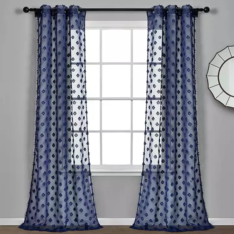 Sheer Navy Dotted Curtain Panel Set, 84 in.>Kirklands Home Discount