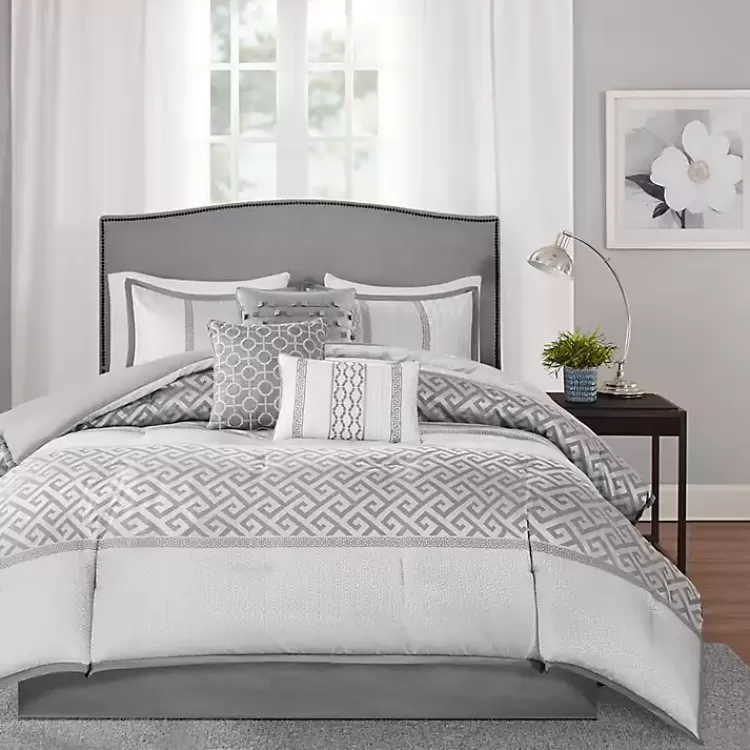 Silver Geometric Stripes 7-pc. Queen Comforter Set>Kirklands Home Discount