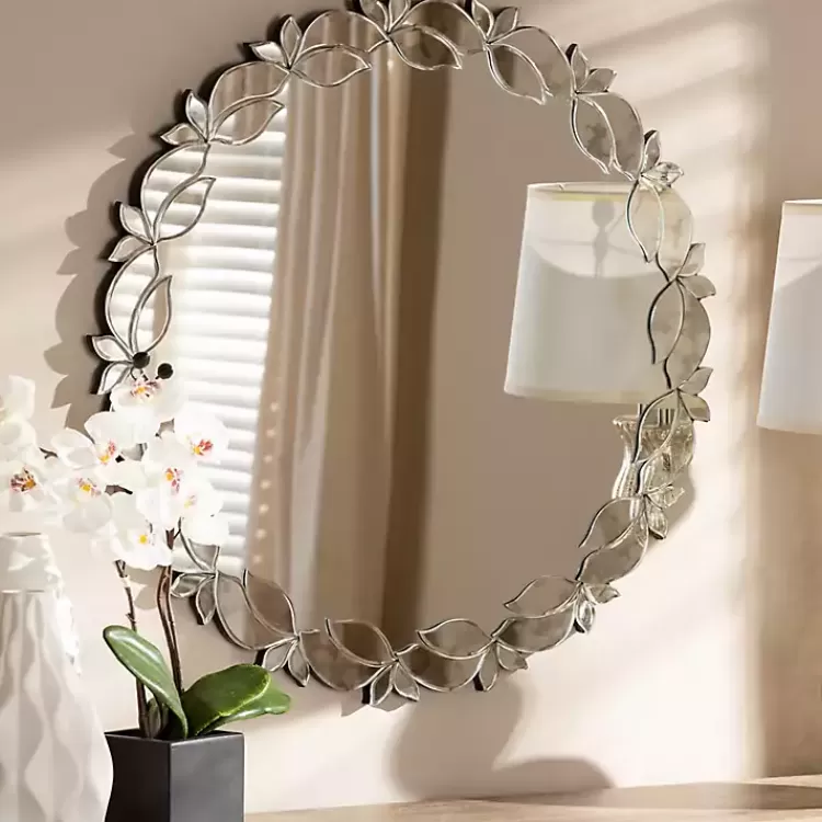 Silver Petal Leaf Round Wood Frame Wall Mirror>Kirklands Home Hot
