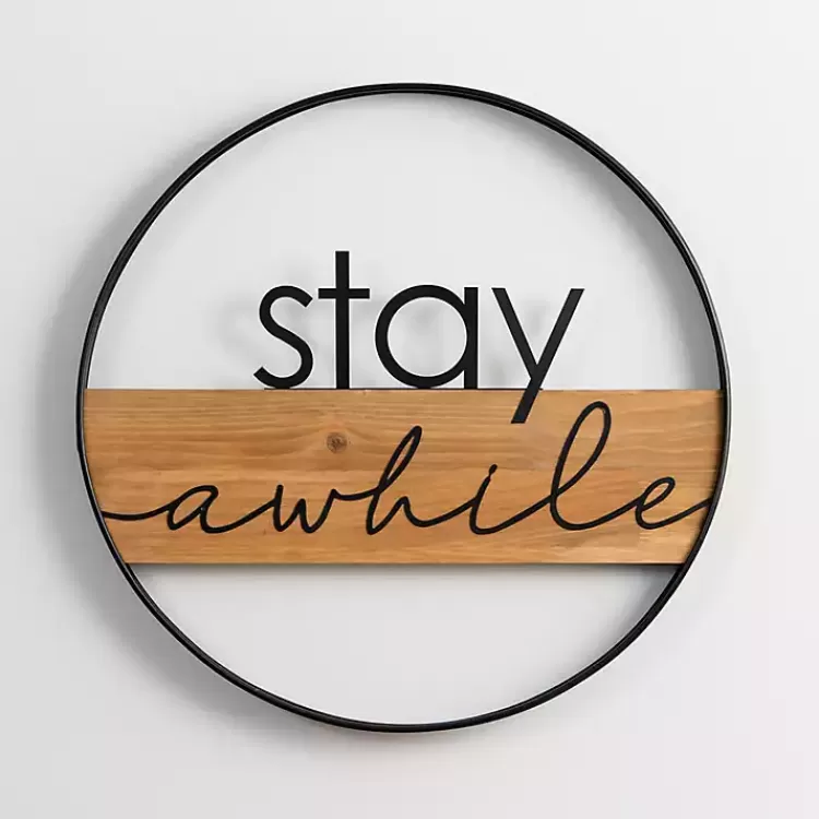 Stay Awhile Metal and Wood Wall Plaque>Kirklands Home Fashion