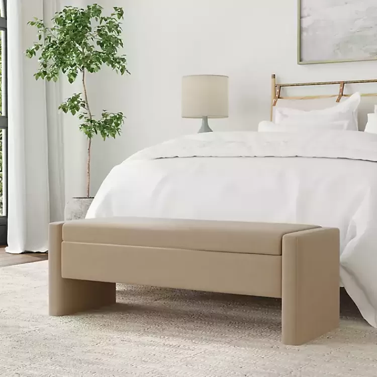 tan_velvet_upholstered_modern_storage_bench_2.webp Velvet Upholstered Modern Storage Bench>Kirklands Home Store