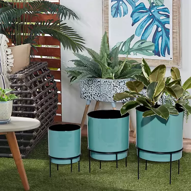 Teal Metal Round Planters with Stands, Set of 3>Kirklands Home Sale
