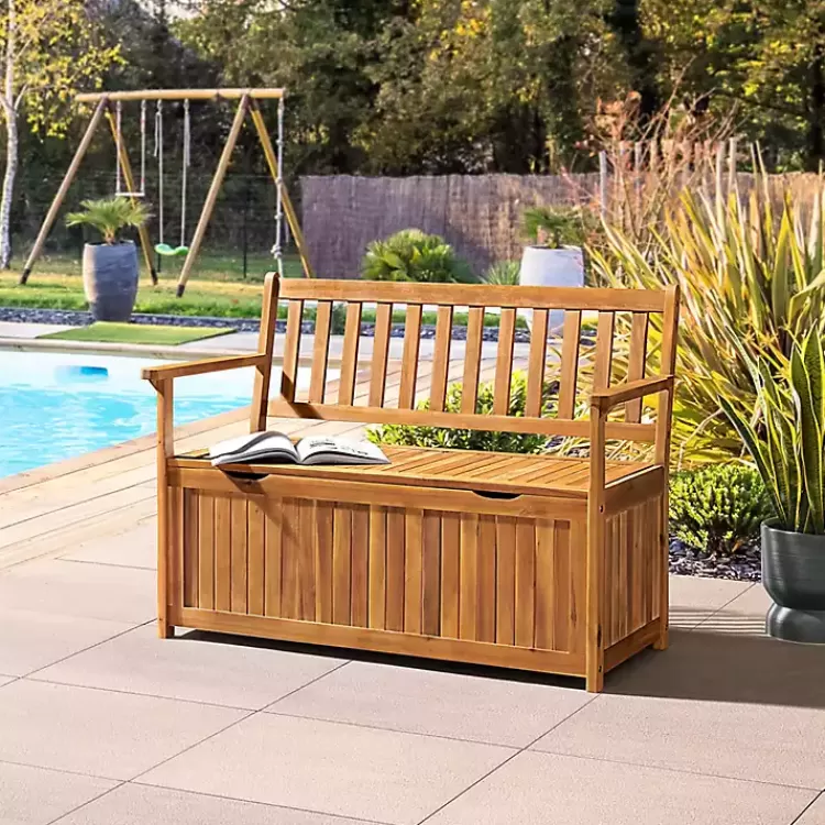 Warm Acacia Wood Slatted Outdoor Storage Bench>Kirklands Home Store
