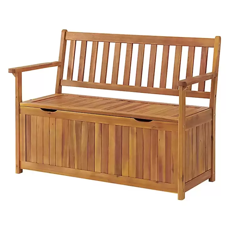 Warm Acacia Wood Slatted Outdoor Storage Bench>Kirklands Home Store