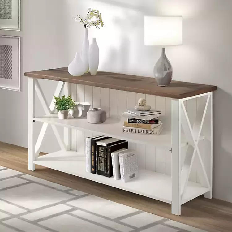 White and Rustic Oak Wood Farmhouse Console Table>Kirklands Home Discount