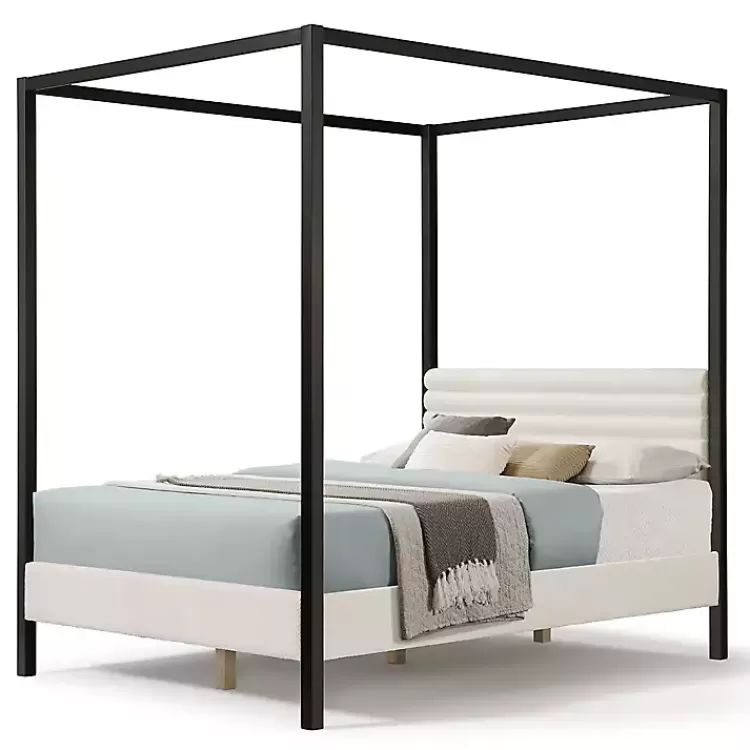 White Boucle Upholstered Black Canopy Queen Bed>Kirklands Home Best