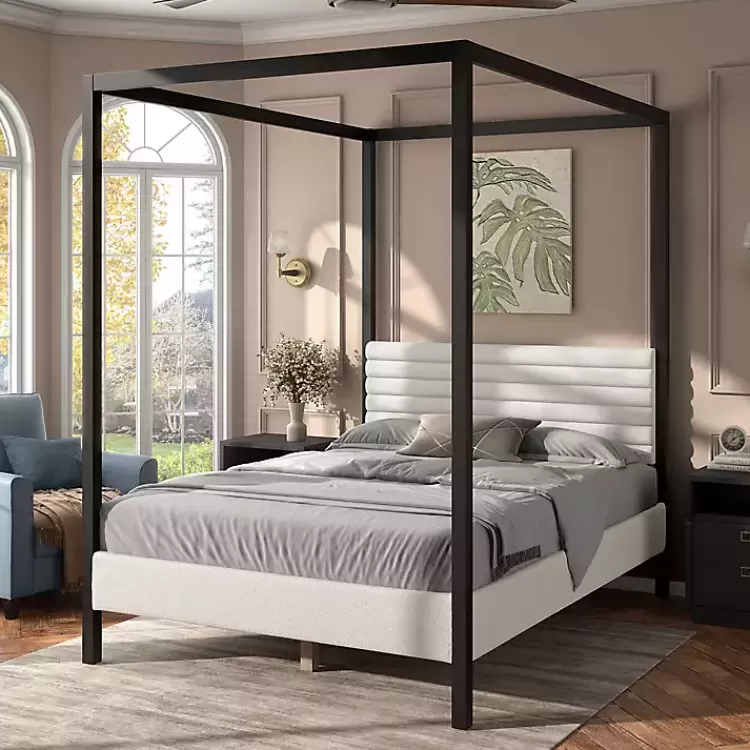 White Boucle Upholstered Black Canopy Queen Bed>Kirklands Home Best