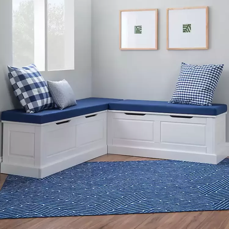 White Corner Bench with Blue Cushions>Kirklands Home Cheap