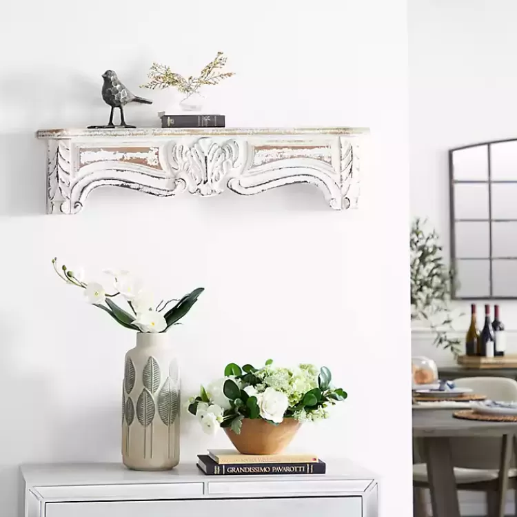 White Distressed Carved Wood Acanthus Wall Shelf>Kirklands Home Discount