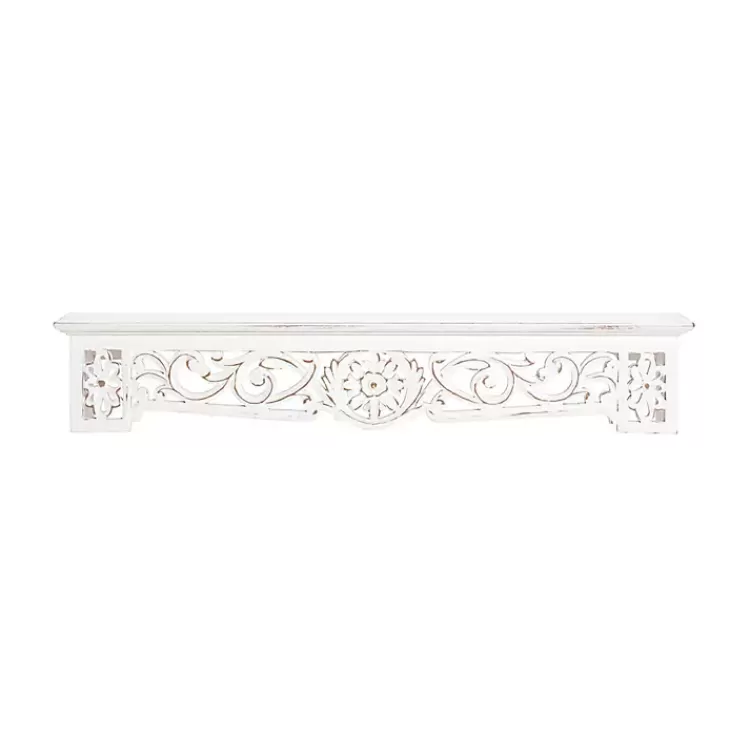 White Distressed Wood Carved Floral Shelf>Kirklands Home Outlet