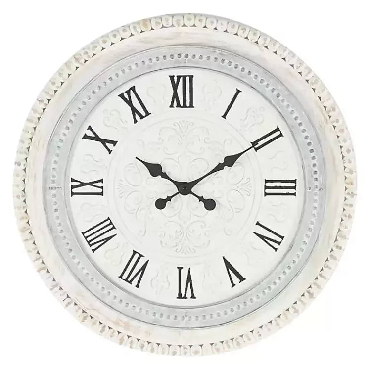 White Distressed Wood Round Beaded Wall Clock>Kirklands Home Sale