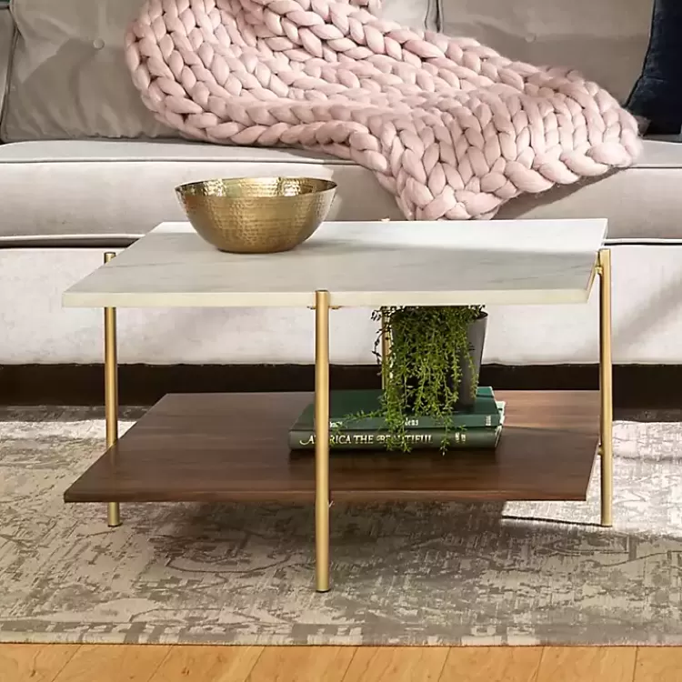 White Faux Marble and Brown Wood Coffee Table>Kirklands Home Cheap