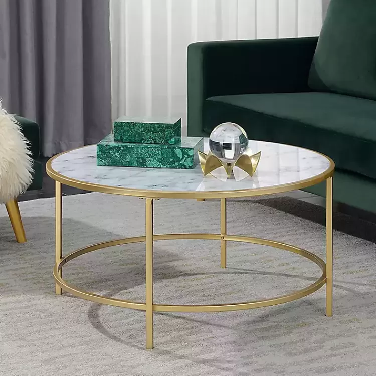 White Marble & Metal Round Coffee Table>Kirklands Home Online