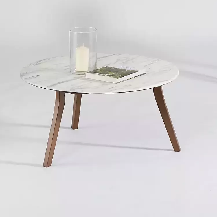 White Marble and Wood Round Coffee Table>Kirklands Home Cheap