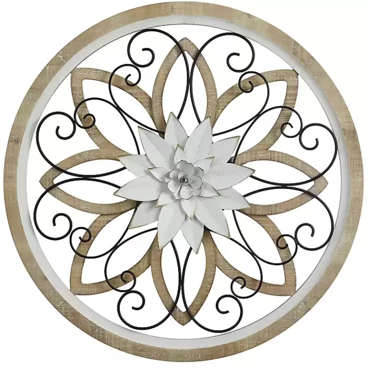 White Metal and Wood Floral Round Wall Plaque>Kirklands Home Sale