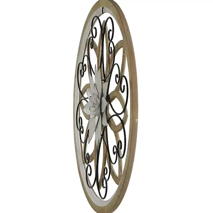 White Metal and Wood Floral Round Wall Plaque>Kirklands Home Sale