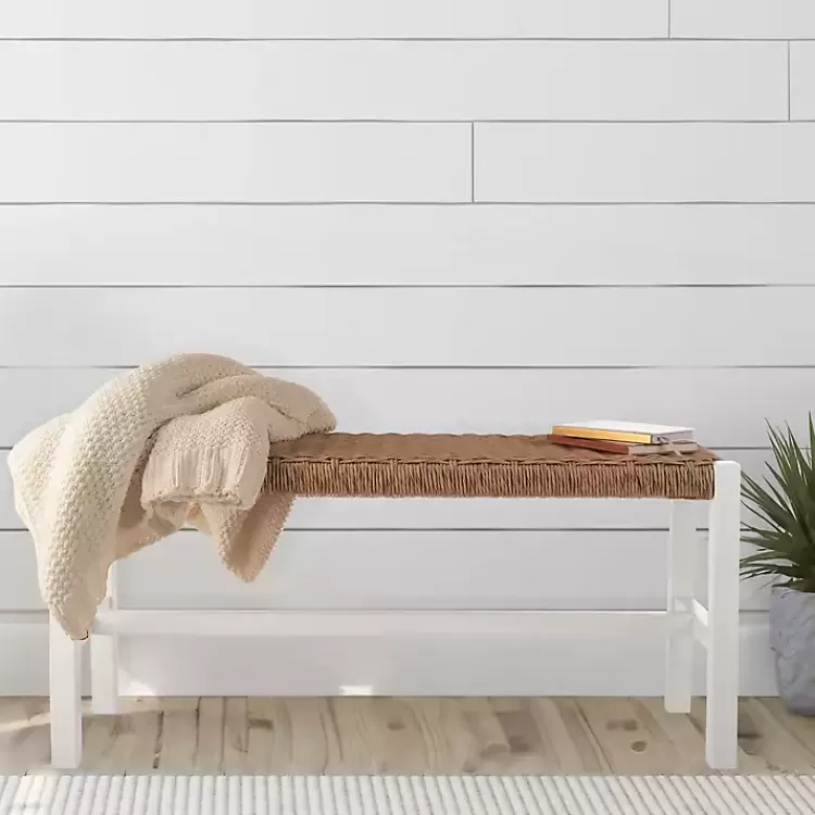 White Newport Wood and Rattan Bench>Kirklands Home Fashion