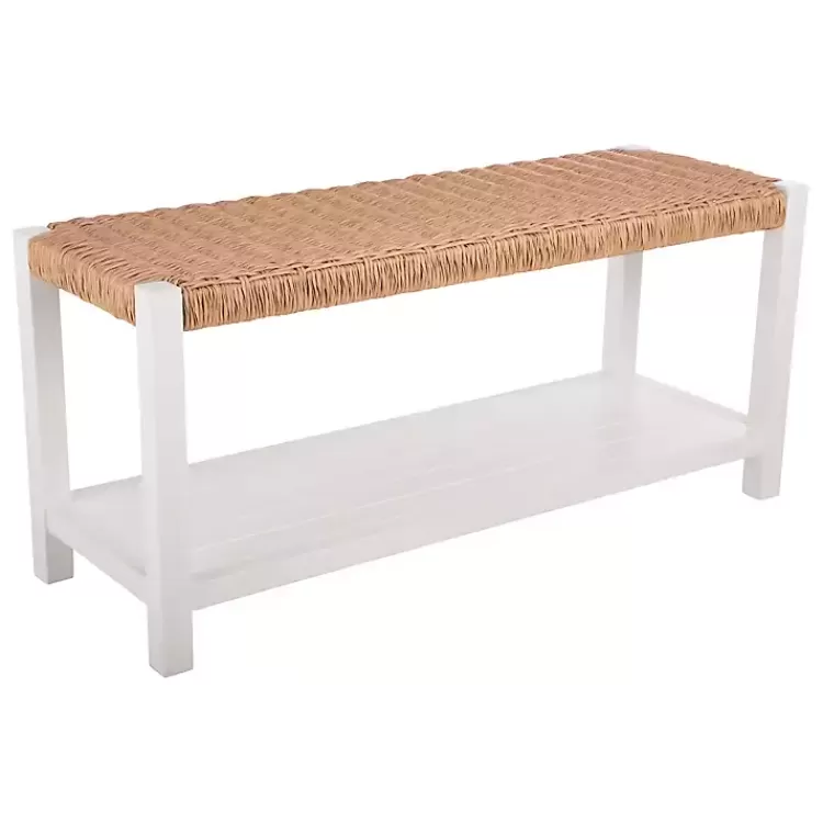 White Newport Wood and Rattan Bench with Shelf>Kirklands Home Outlet