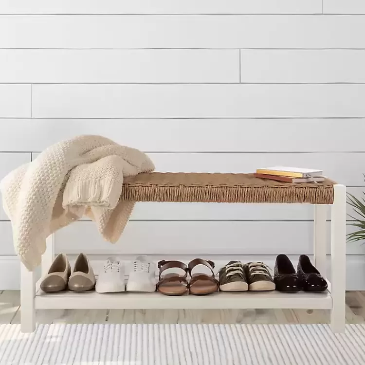 White Newport Wood and Rattan Bench with Shelf>Kirklands Home Outlet