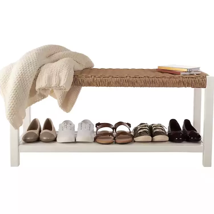 white_newport_wood_and_rattan_bench_with_shelf_2.webp White Newport Wood and Rattan Bench with Shelf>Kirklands Home Outlet