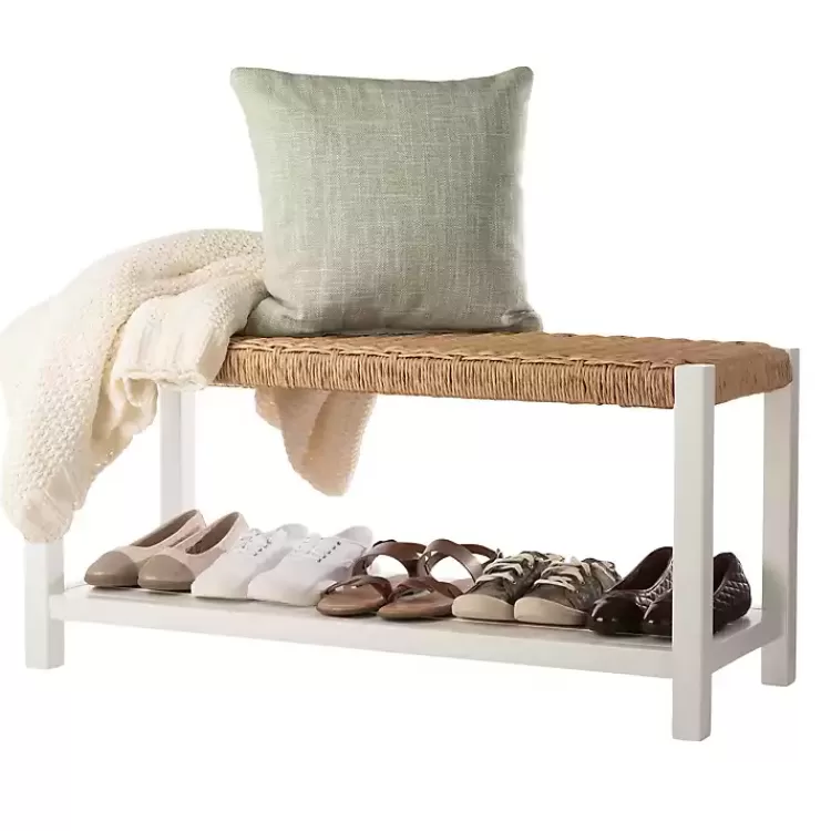 white_newport_wood_and_rattan_bench_with_shelf_4.webp White Newport Wood and Rattan Bench with Shelf>Kirklands Home Outlet