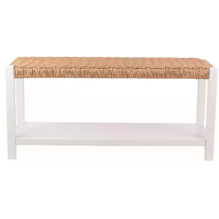 white_newport_wood_and_rattan_bench_with_shelf_5.webp White Newport Wood and Rattan Bench with Shelf>Kirklands Home Outlet