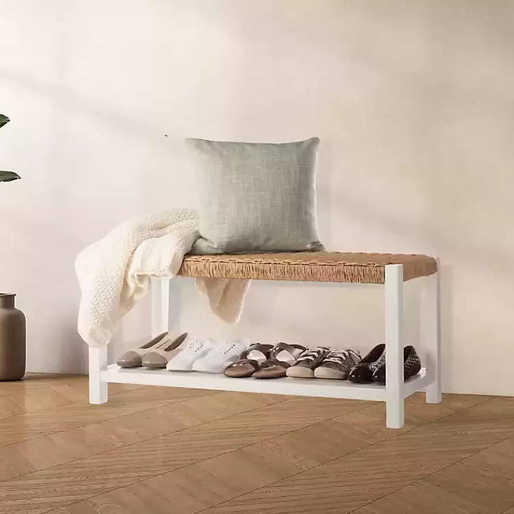 white_newport_wood_and_rattan_bench_with_shelf_6.webp White Newport Wood and Rattan Bench with Shelf>Kirklands Home Outlet