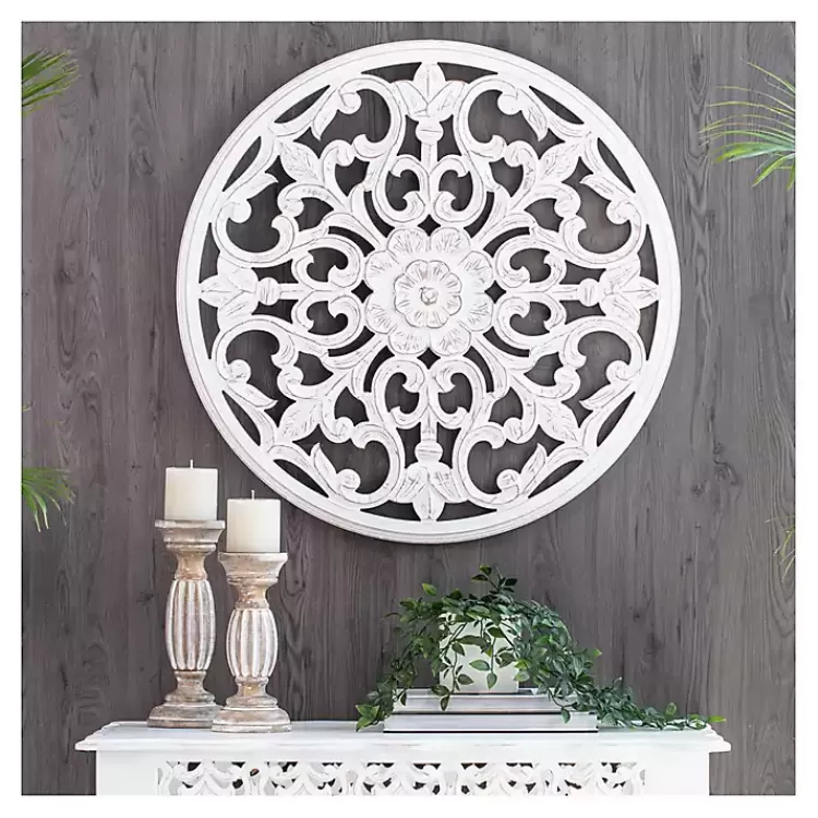 white_round_medallion_wood_plaque_3.webp Round Medallion Wood Plaque>Kirklands Home Fashion