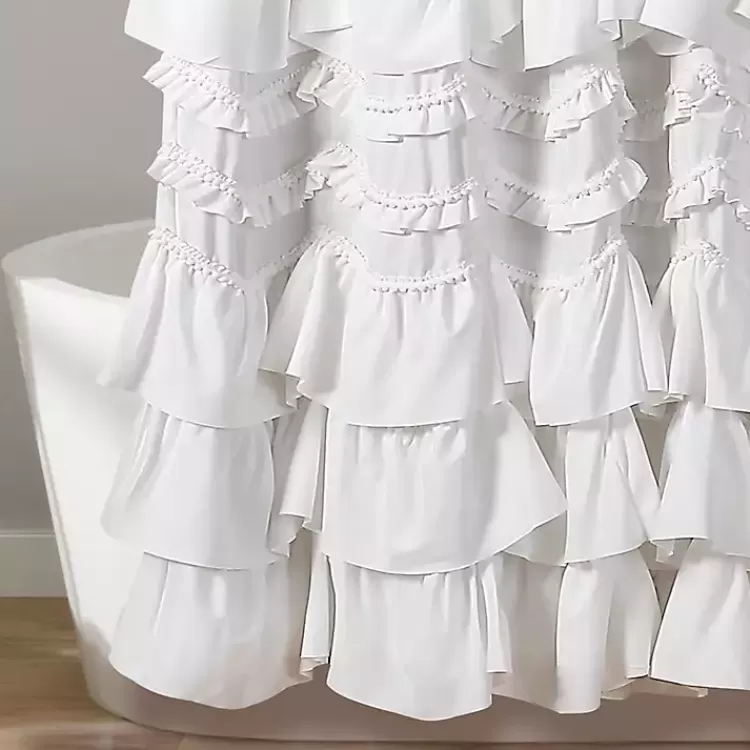 white_ruffle_and_pom_pom_trim_shower_curtain_3.webp Ruffle and Pom Pom Trim Shower Curtain>Kirklands Home Shop