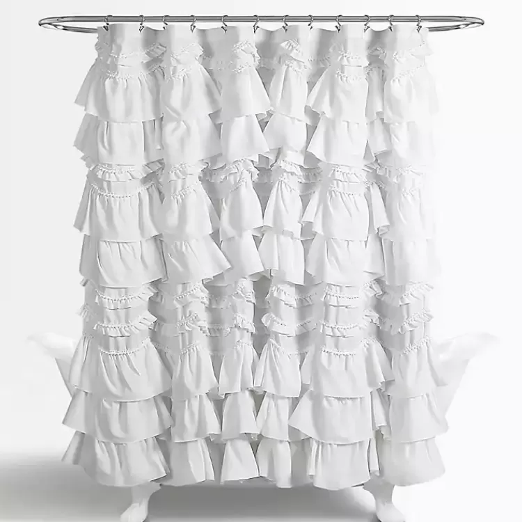 white_ruffle_and_pom_pom_trim_shower_curtain_4.webp Ruffle and Pom Pom Trim Shower Curtain>Kirklands Home Shop