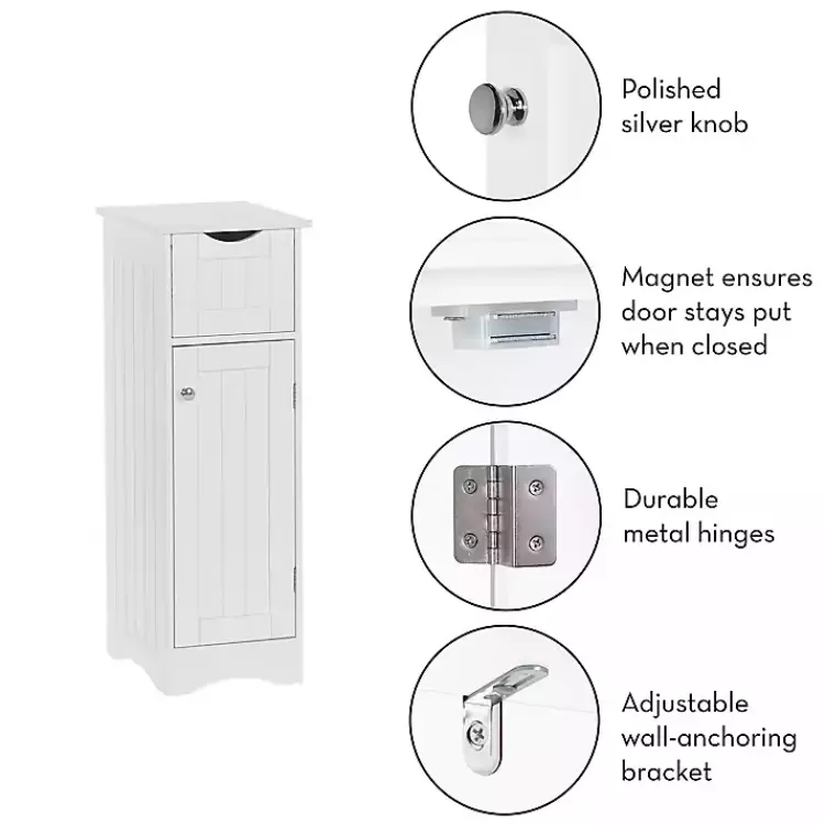 white_slim_single_door_cabinet_with_drawer_6.webp Slim Single Door Cabinet with Drawer>Kirklands Home Shop
