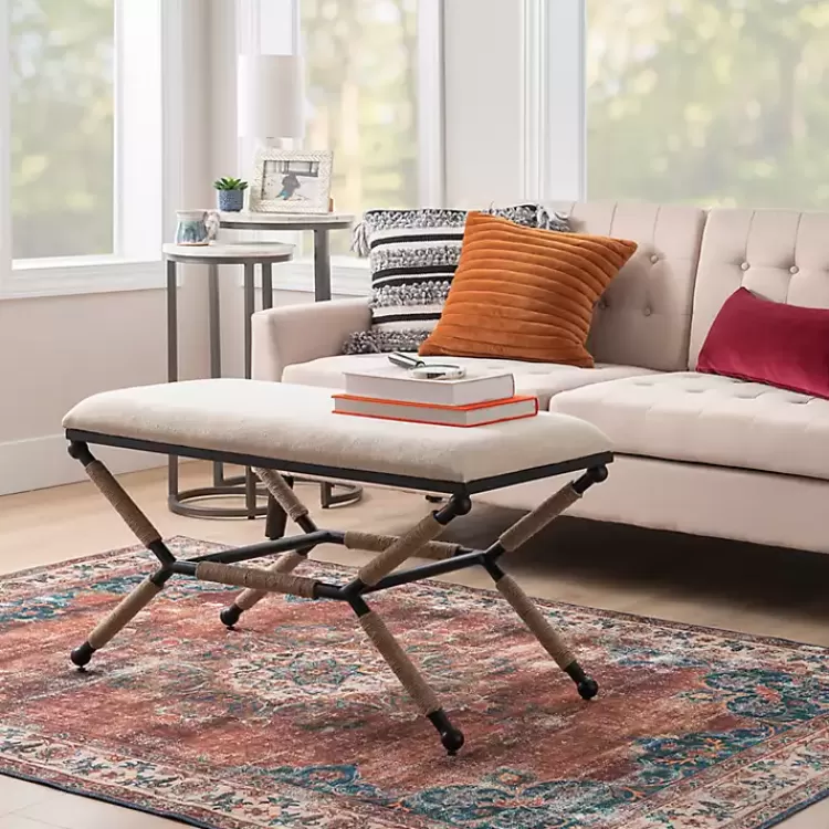 White Upholstered and Wrapped Rope Metal Bench>Kirklands Home Outlet