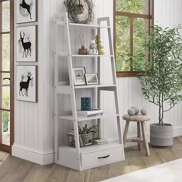 white_wood_shelf_leaning_bookshelf_3.webp Wood 5-Shelf Leaning Bookshelf>Kirklands Home Best
