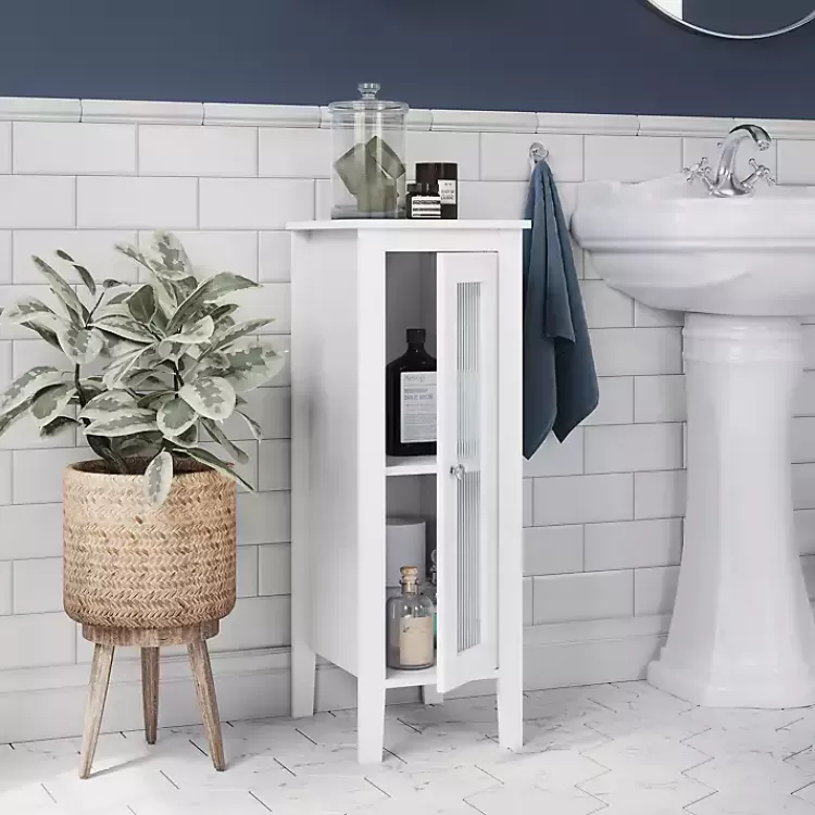white_wood_slim_single_glass_door_floor_cabinet_2.webp Wood Slim Single Glass Door Floor Cabinet>Kirklands Home Fashion