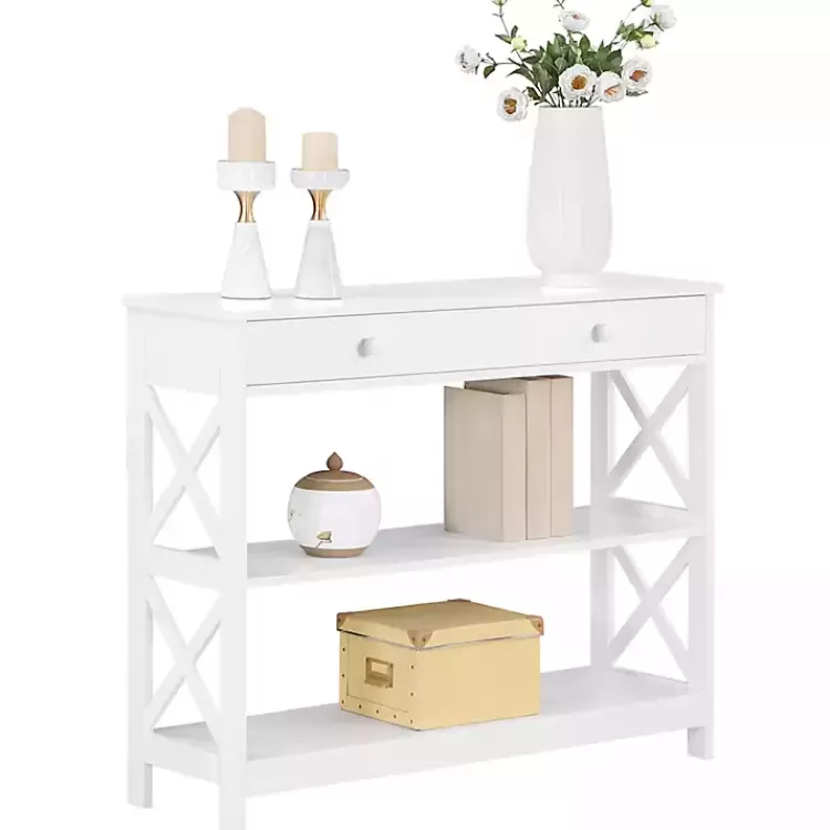 white_xframe_shelf_console_table_2.webp X-Frame 2-Shelf Console Table>Kirklands Home Online