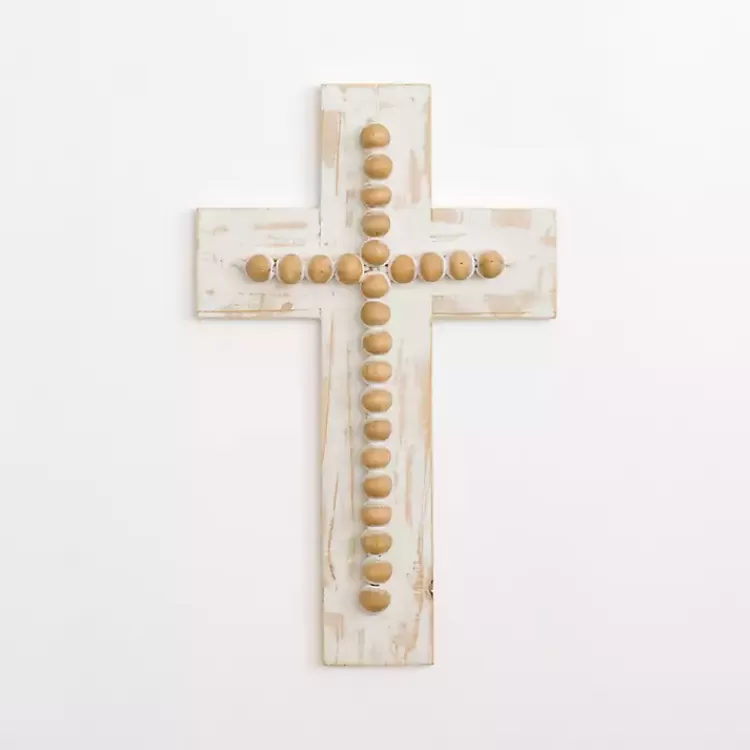 Whitewashed Beaded Wood Cross Wall Plaque>Kirklands Home Shop
