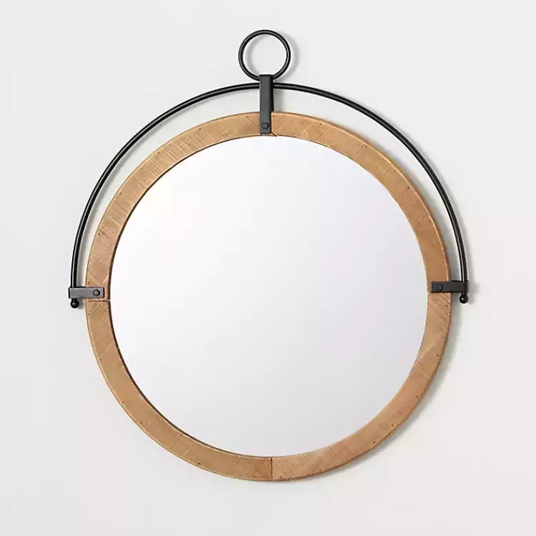 Wood and Black Metal Modern Round Wall Mirror>Kirklands Home New