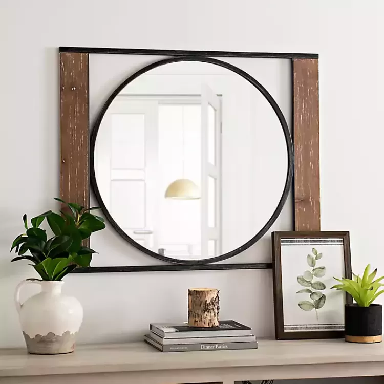 Wood and Metal Framed Round Industrial Mirror>Kirklands Home Discount