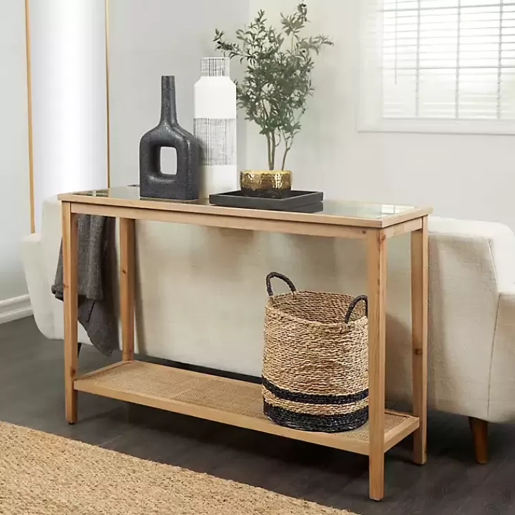 Wood Glass Top Console Table with Rattan Shelf>Kirklands Home Clearance