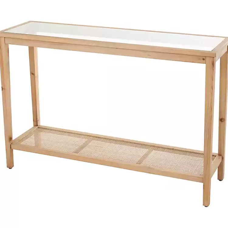 Wood Glass Top Console Table with Rattan Shelf>Kirklands Home Clearance