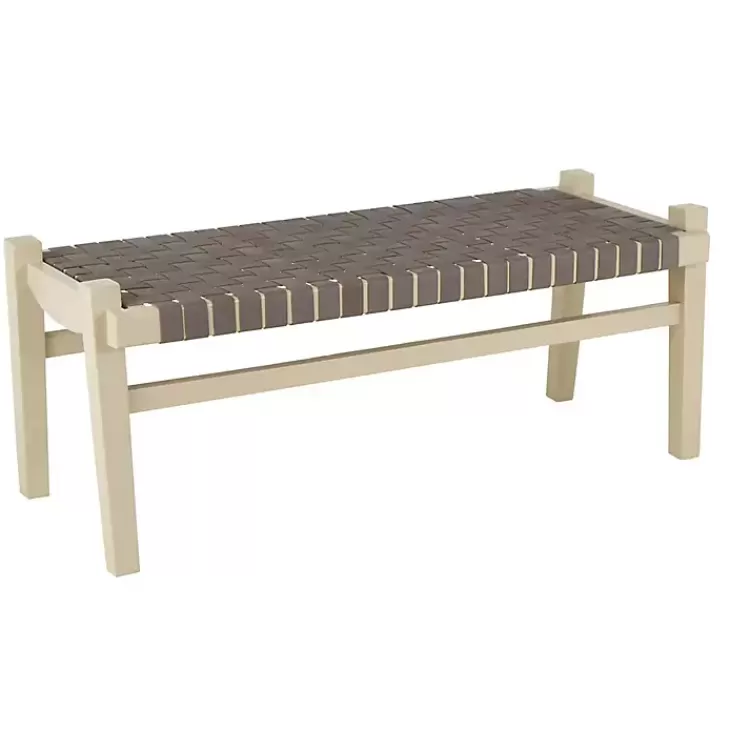 Woven Leather Natural Wood Bench>Kirklands Home Flash Sale