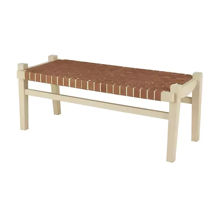 Woven Camel Leather Natural Wood Bench>Kirklands Home Clearance