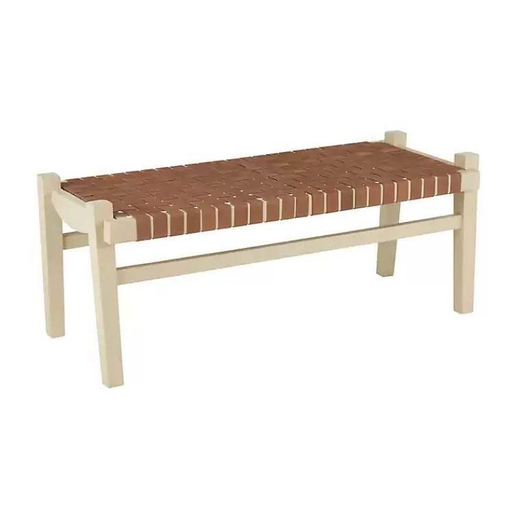 Woven Camel Leather Natural Wood Bench>Kirklands Home Clearance