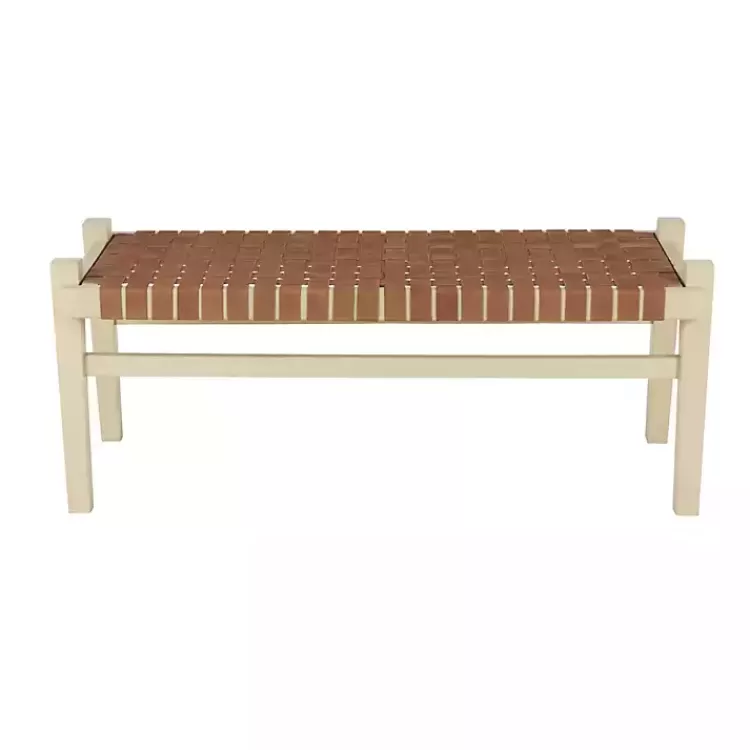 woven_camel_leather_natural_wood_bench_2.webp Woven Camel Leather Natural Wood Bench>Kirklands Home Clearance