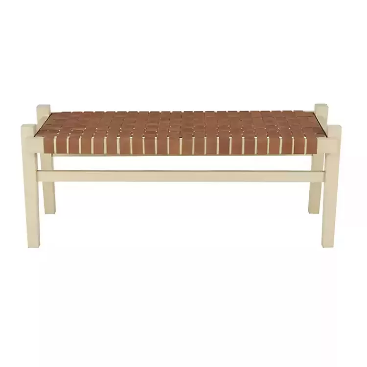 woven_camel_leather_natural_wood_bench_5.webp Woven Camel Leather Natural Wood Bench>Kirklands Home Clearance