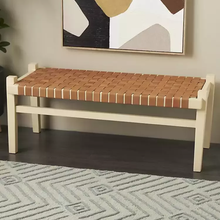 woven_camel_leather_natural_wood_bench_6.webp Woven Camel Leather Natural Wood Bench>Kirklands Home Clearance