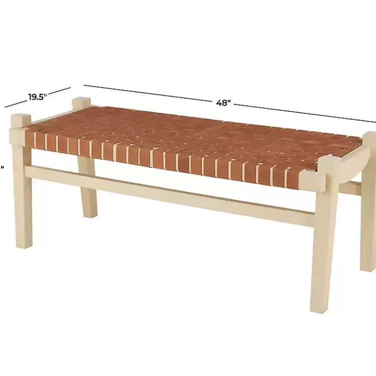 woven_camel_leather_natural_wood_bench_7.webp Woven Camel Leather Natural Wood Bench>Kirklands Home Clearance